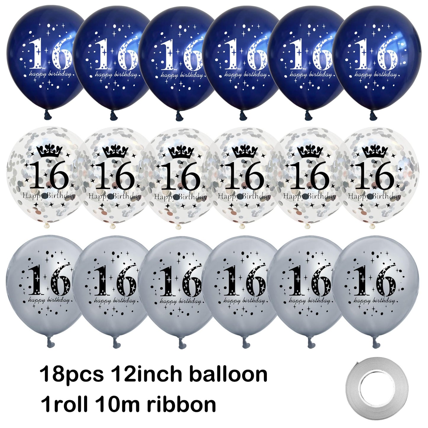 18Pcs 16Th Birthday Decorations For Boys Girls Blue Silver 16Th Birthday Balloons Decoration Happy 16Th Birthday Confetti Latex