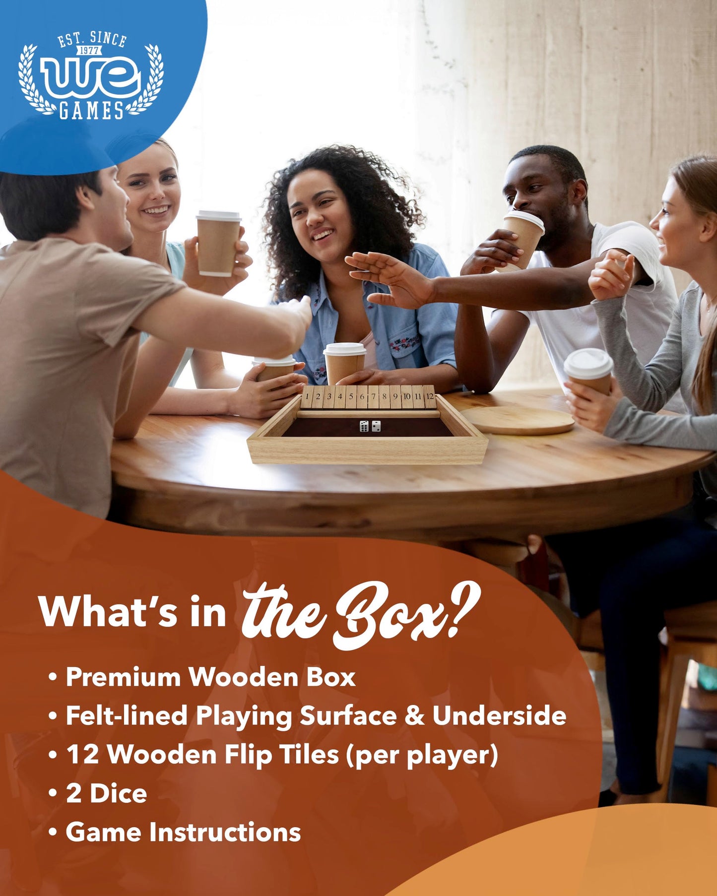 WE Games Wooden Shut The Box - Close The Box Set with 12 Number Tiles & 2 Dice Games - 13.5    Natural Wood Finish