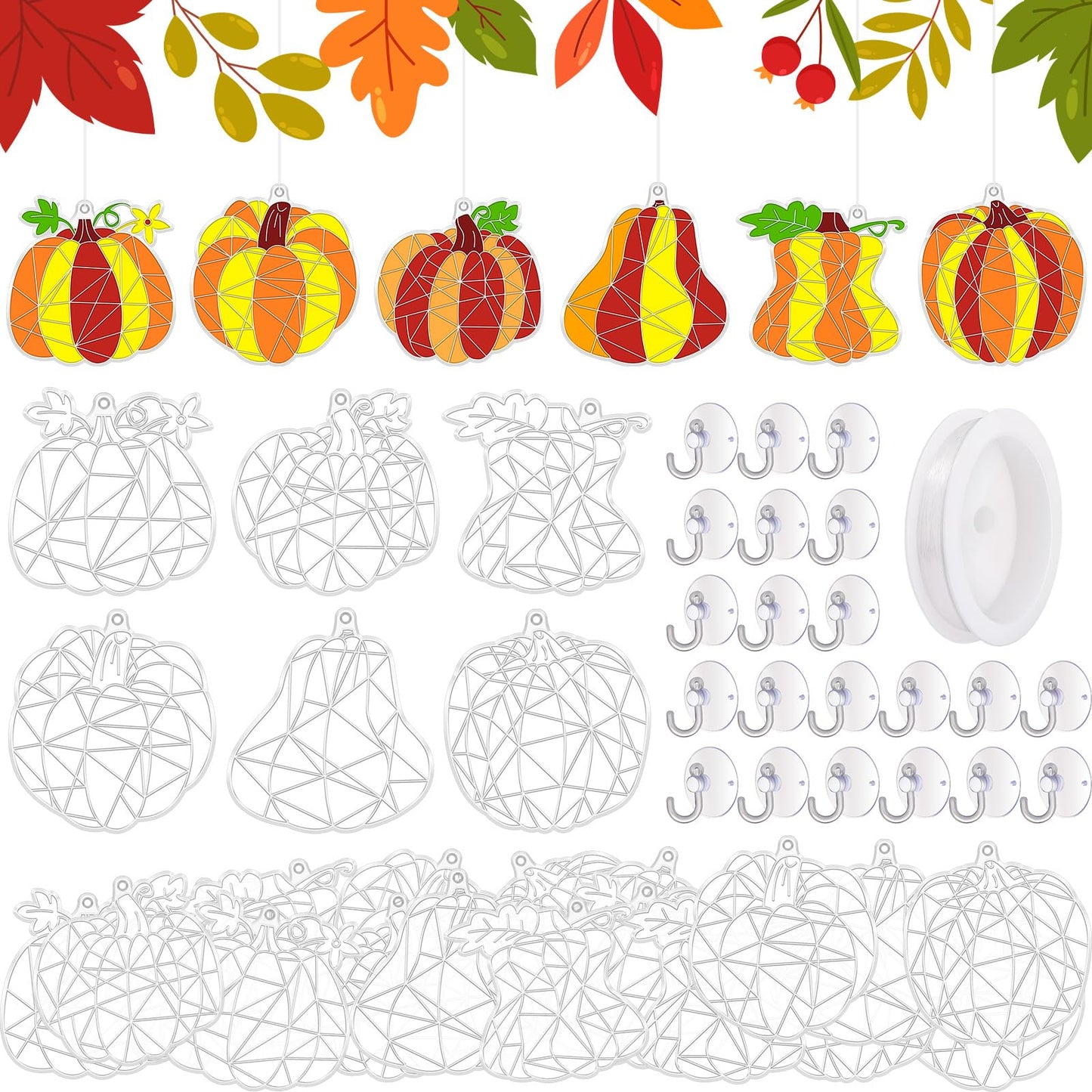 RoundFunny 60 Sets Thanksgiving Fall Craft Pumpkin Suncatchers Thanksgiving Ornaments Decorations Fall DIY Window Paint Art Sunc