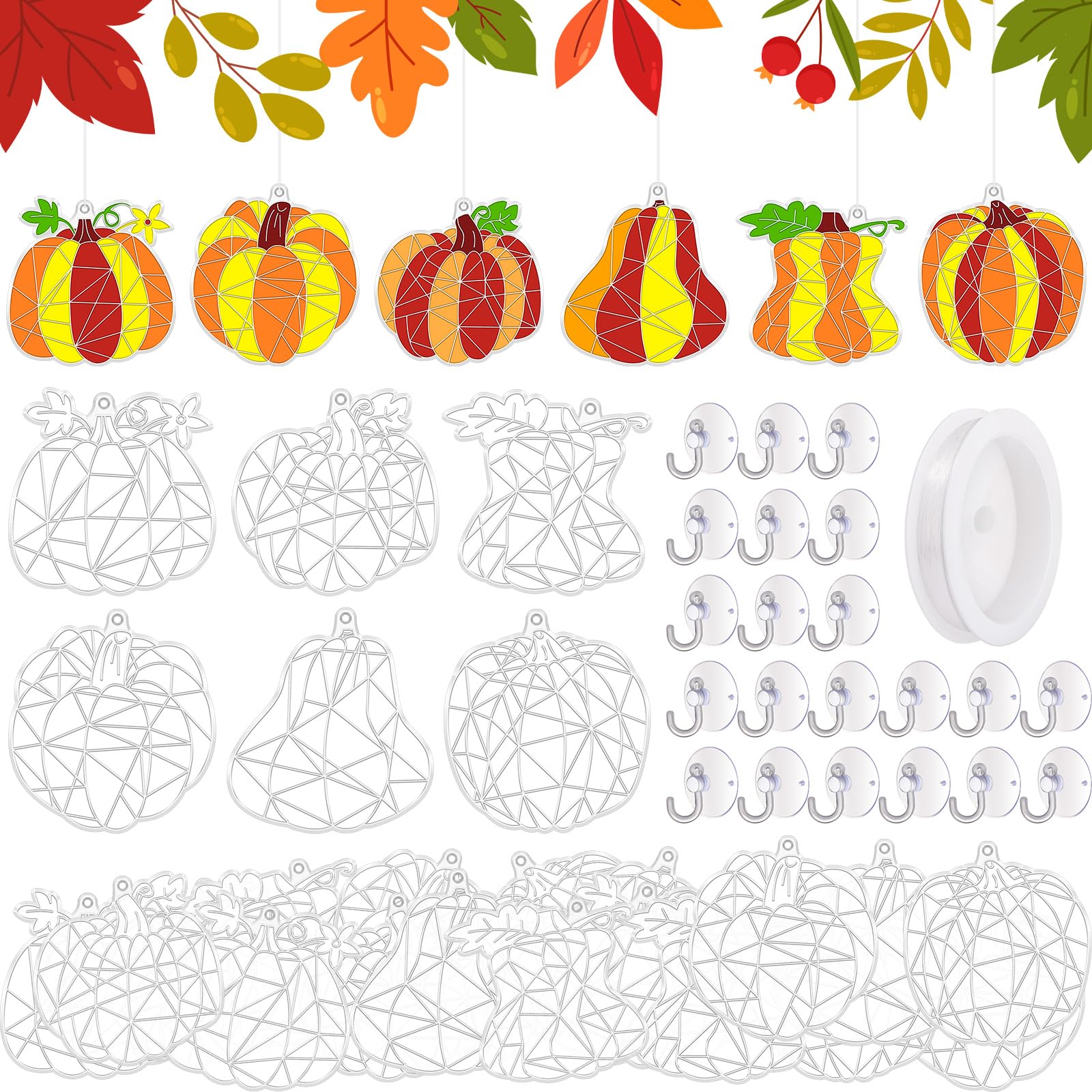 RoundFunny 60 Sets Thanksgiving Fall Craft Pumpkin Suncatchers Thanksgiving Ornaments Decorations Fall DIY Window Paint Art Sunc