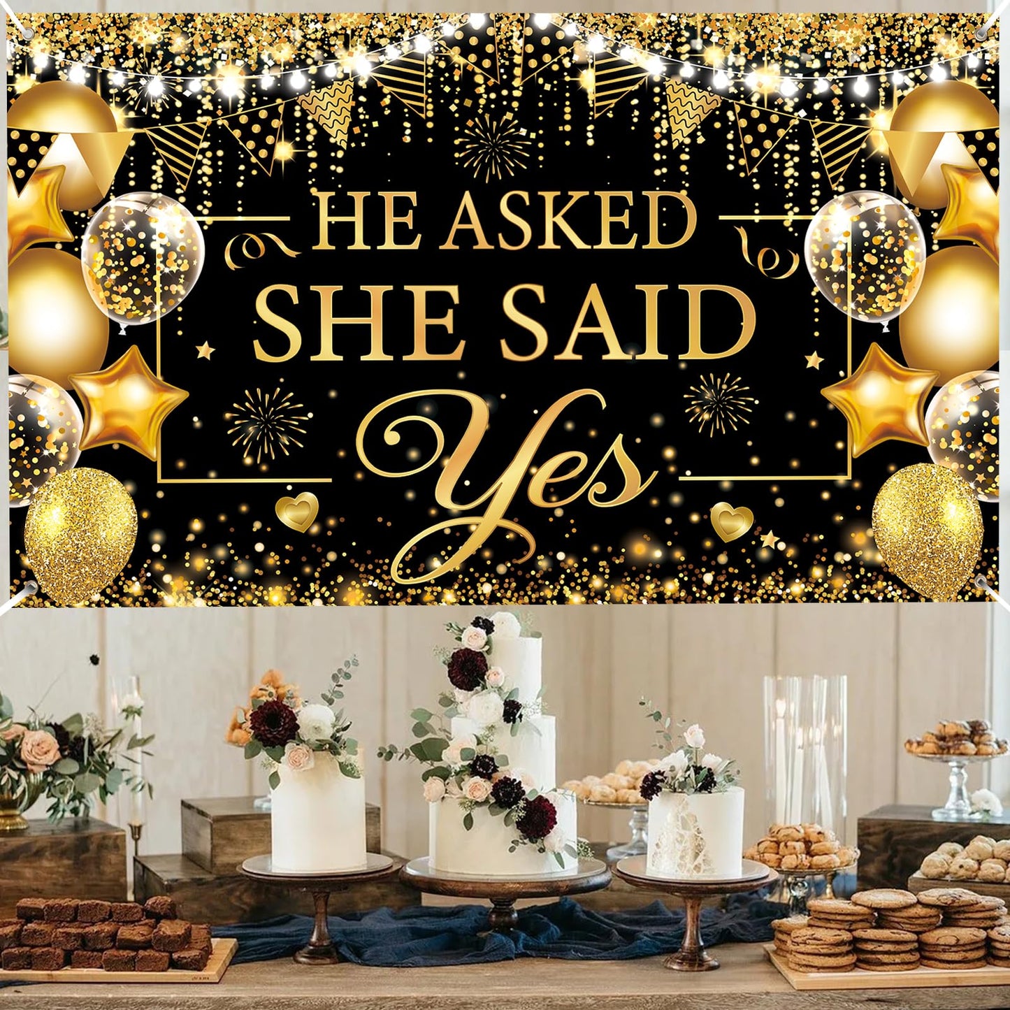 Gold Engagement Party Decorations Black Gold Engagement Banner Backdrop He Asked She Said Yes Banner Decorations Wedding Banner