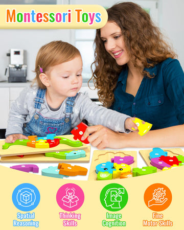 Yetonamr Wooden Toddler Puzzles Montessori Toys For 2 3 4 Years Old Boys Girls, 4 Pack Toddler Easter Basket Stuffers Animal Puzzles Kids Toys Birthday Gift Learning Toy Ages 2-4, 3-5