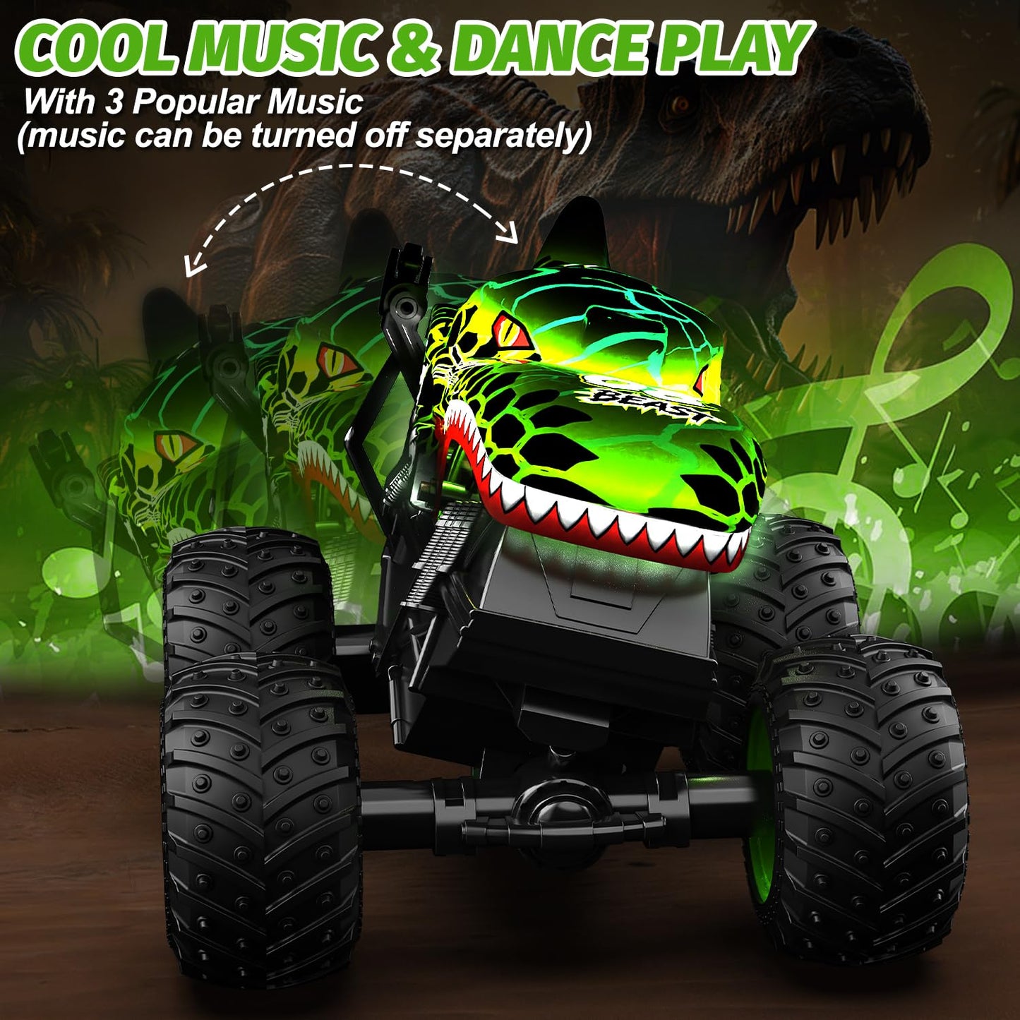 Gohero Monster Truck Toys - 1:20 RC Car with 360° Spins, LED Light, Music, 2 Rechargeable Batteries for Kids Age 4-7 - Plastic, All-Terrain
