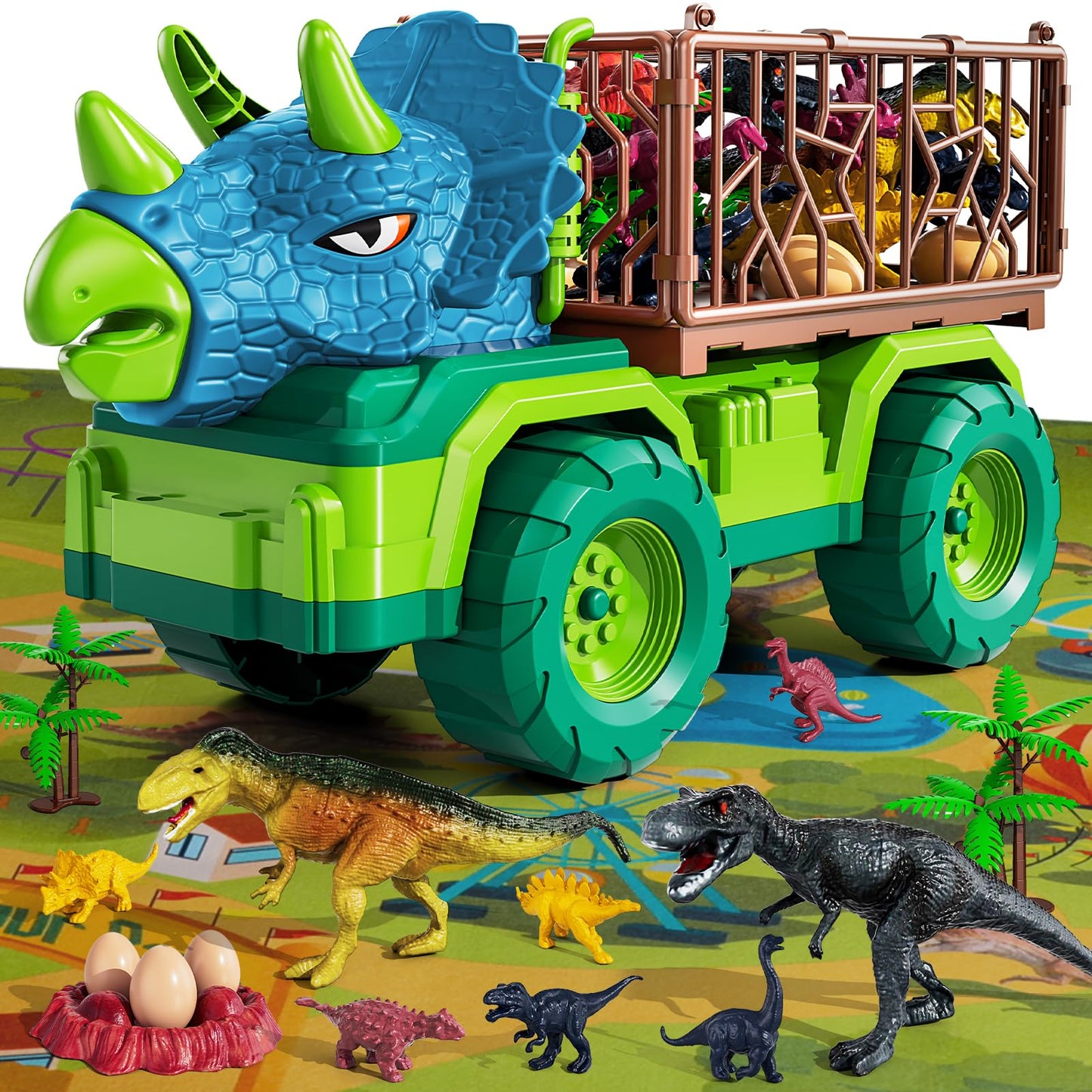 MAGICDINOSAUR Triceratops Truck Toy for Kids 3+ Years, Large Vehicle Carrier with Dinosaur Eggs, Jurassic Dinosaur Figures, Play