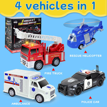 4 Pack Toy Cars- Fire Truck& Ambulance& Helicopter& Play Police Car Toys Set for 2 3 4 5 6 Year Old Boys Toddlers Gift, Emergenc