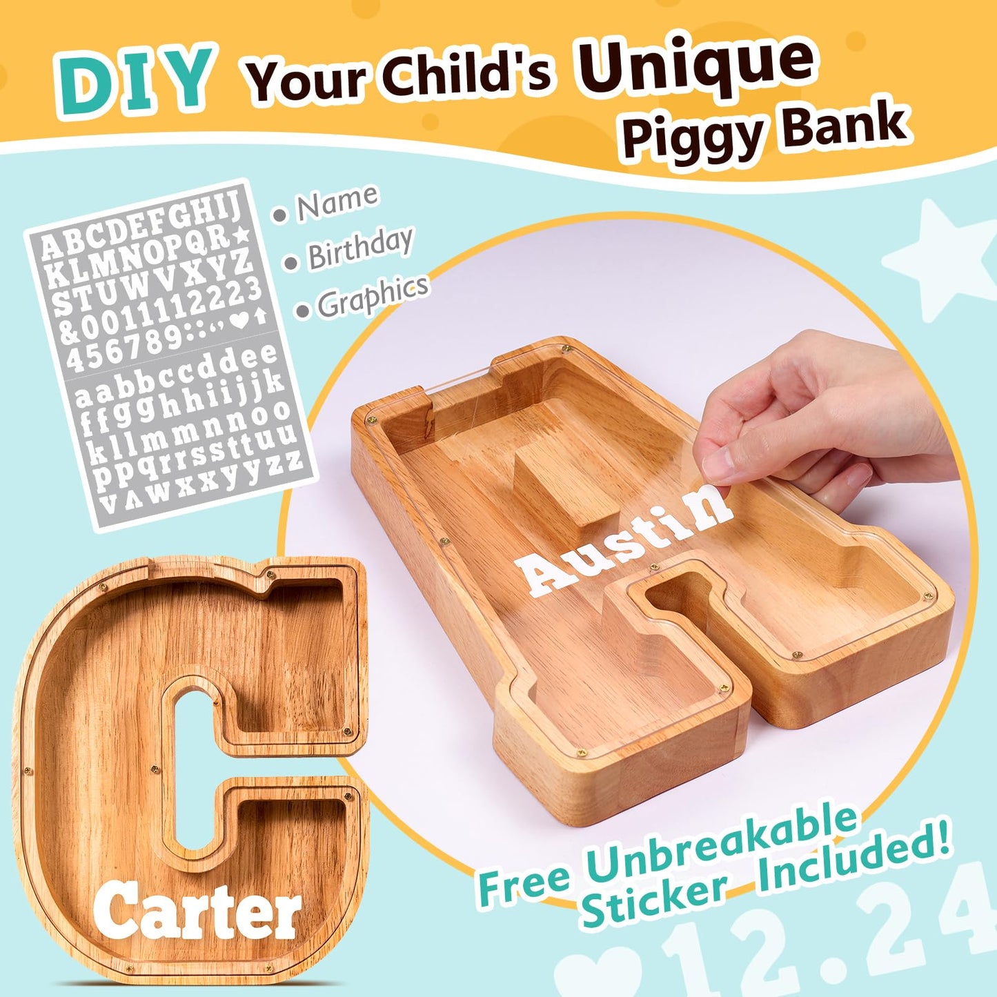 SummiDate Wooden Letter Piggy Bank| Piggy Bank for Boys Girls Toddler| Alphabet C Money Bank| Coin Bank Birthday Gift for Kids|Birthday Gift for Kids (C)