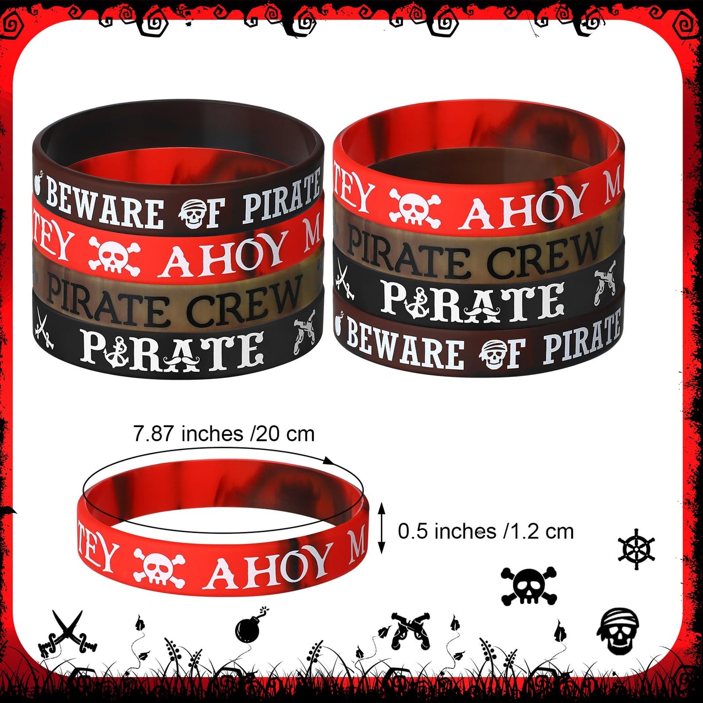 Capoda 48 Pcs Pirate Silicone Bracelets Ahoy Matey Caribbean Rubber Wristbands Skull Pirate Ship Party Favors for Girls Boys Bir