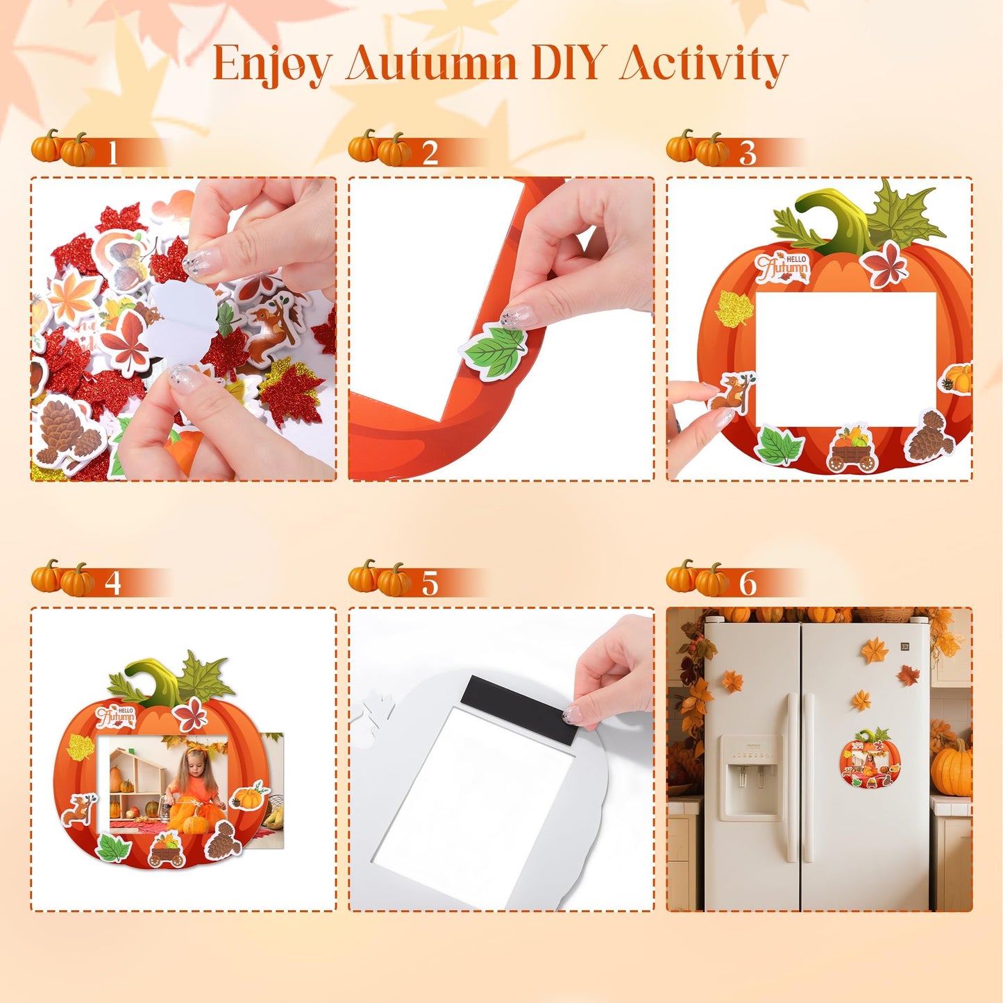 Fovths 24 Pack Fall DIY Foam Picture Frames Craft Kit Thanksgiving Autumn Pumpkin Photo Frame Ornaments with 300 Stickers for Th