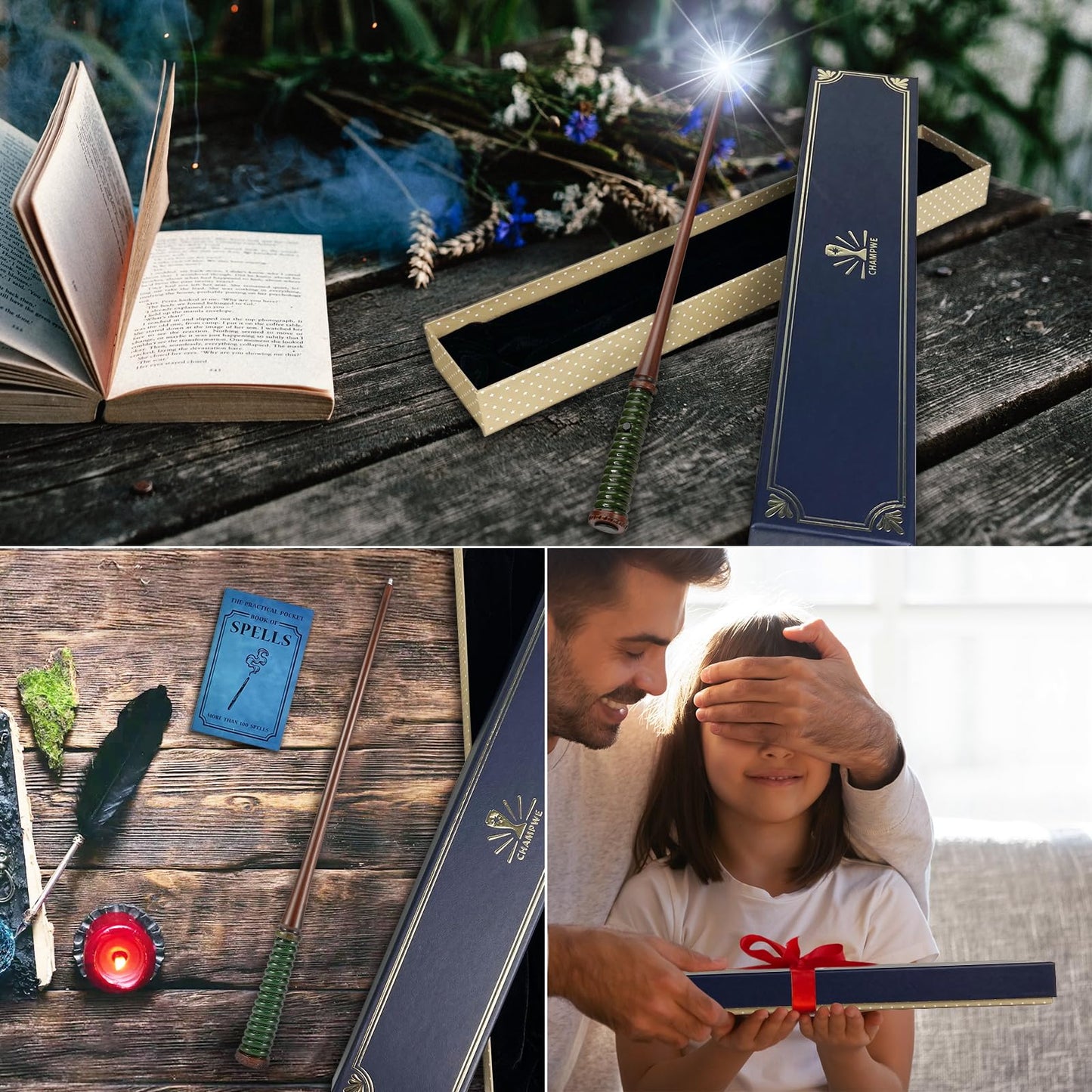 Champwe Light Up Magic Wizard Wand Rechargeable Illuminating Toy For Kids Witch Collection Cosplay Accessories With Spellbook An