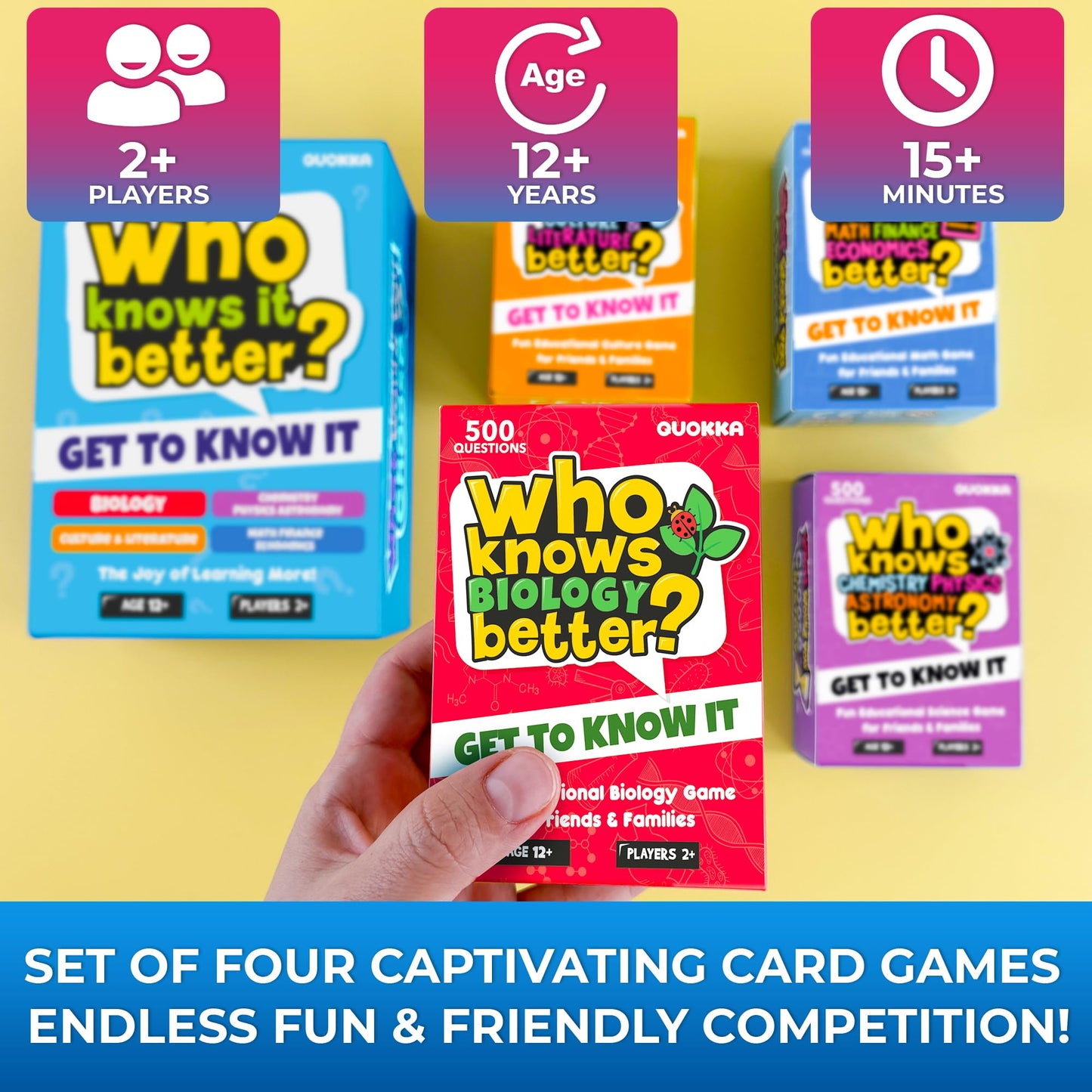 QUOKKA Board Games for Kids 8-12 and Family - Set of 4 Who Knows It Better? - 2000+ Questions Across Biology, Culture, STEM and