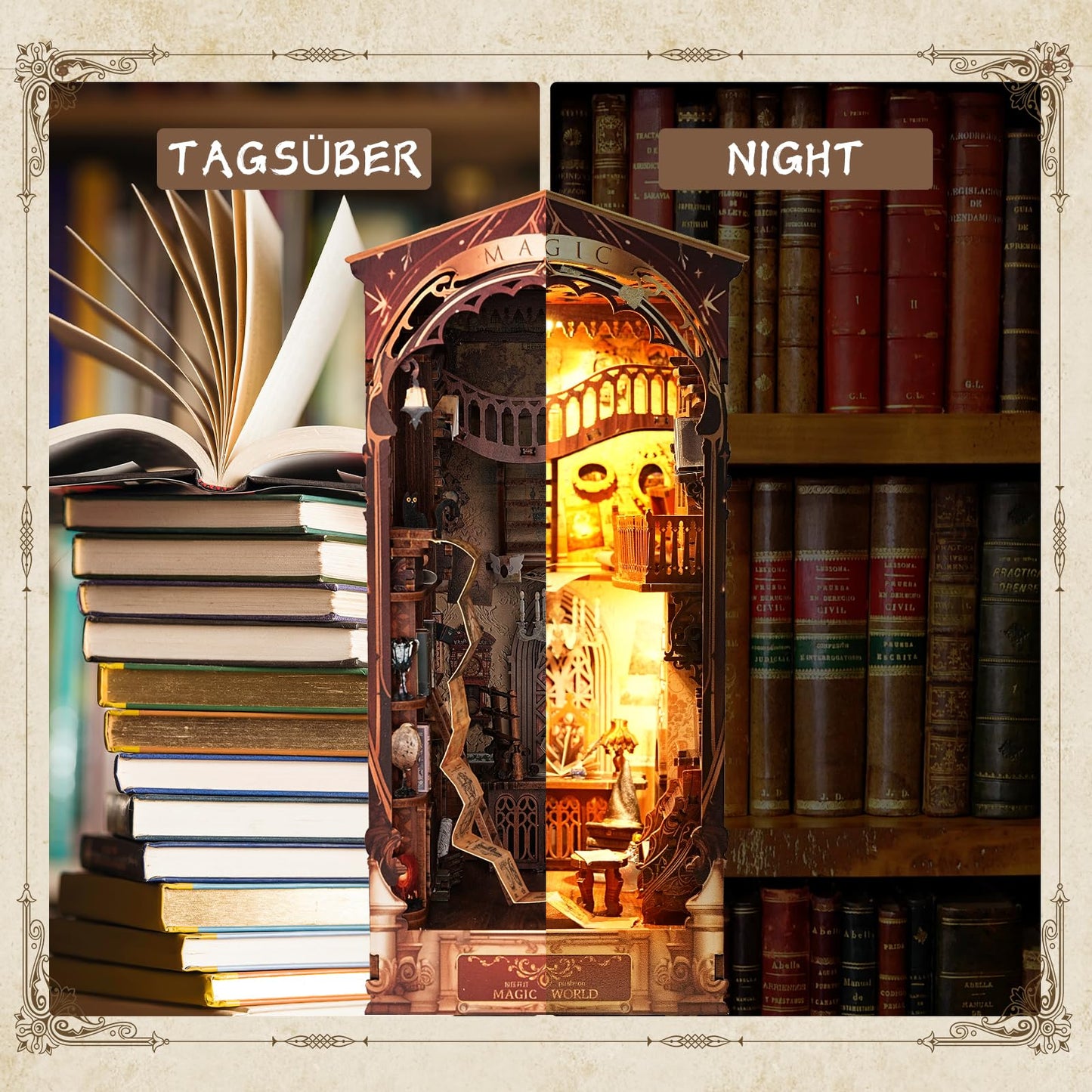 Itefdtutne Book Nook Kit For Adults, Diy Miniature Dollhouse Booknook Kit With Led Light & Dust Baffle, 3D Wooden Bookshelf Puzz