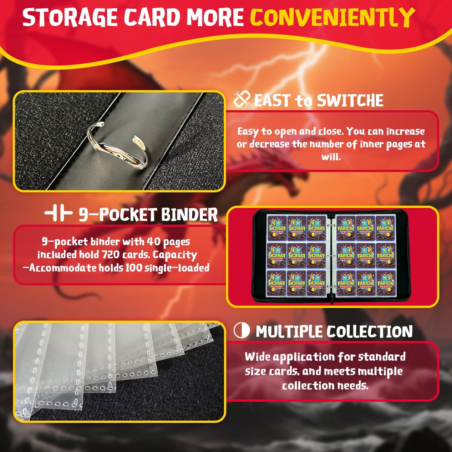 Trading Card Binder for TCG Cards  9-Pocket Portable Card Collector Ablum Holder Book Fits 720 Cards with 40 Removable Sleeve  High Capacity Waterproof Card Binder Display Storage Carrying Cases