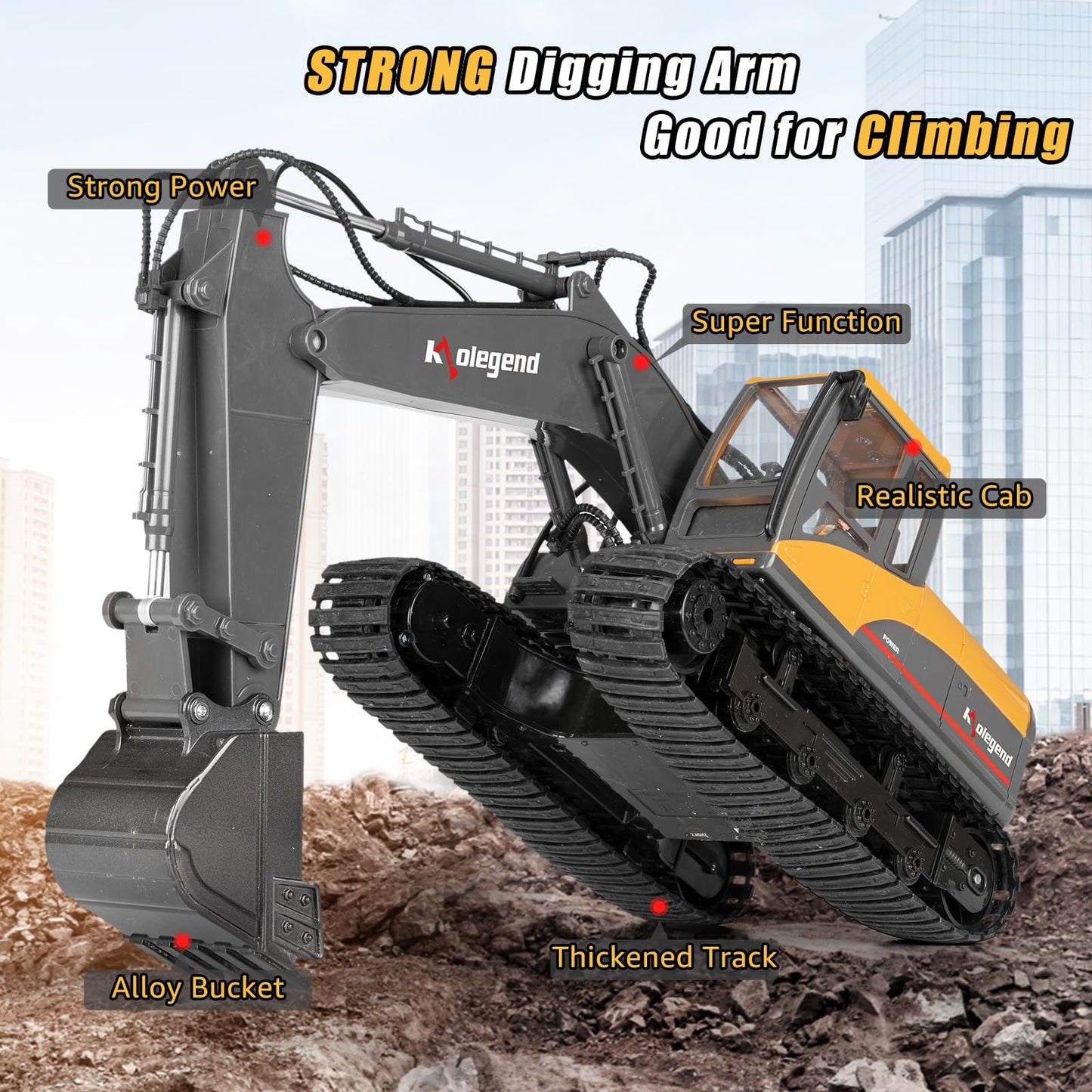kolegend 1/14 Scale 3 in 1 Remote Control Excavator Toy, Metal, Yellow/Black, Model k103, Full Functional with Tools