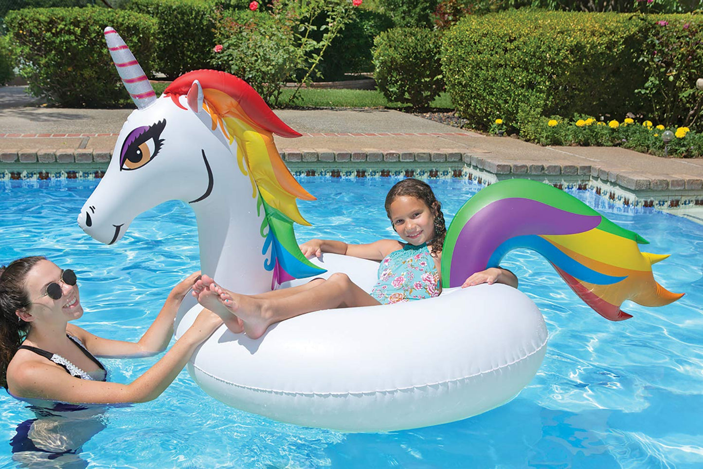 Poolmaster Unicorn Inflatable Swimming Pool Party Float (48 Inch), White/Rainbow