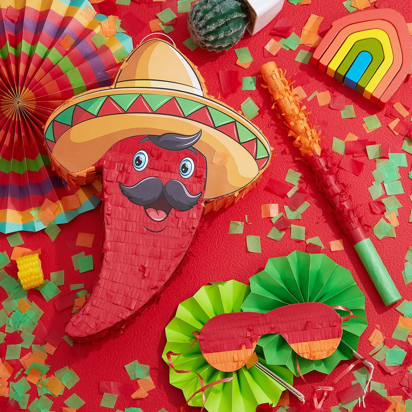 Lewtemi Red Chili Piñata - Small Cardboard Pepper Decoration for Birthday, Cinco De Mayo Fiesta Party with Stick, Blindfold, Confetti Set