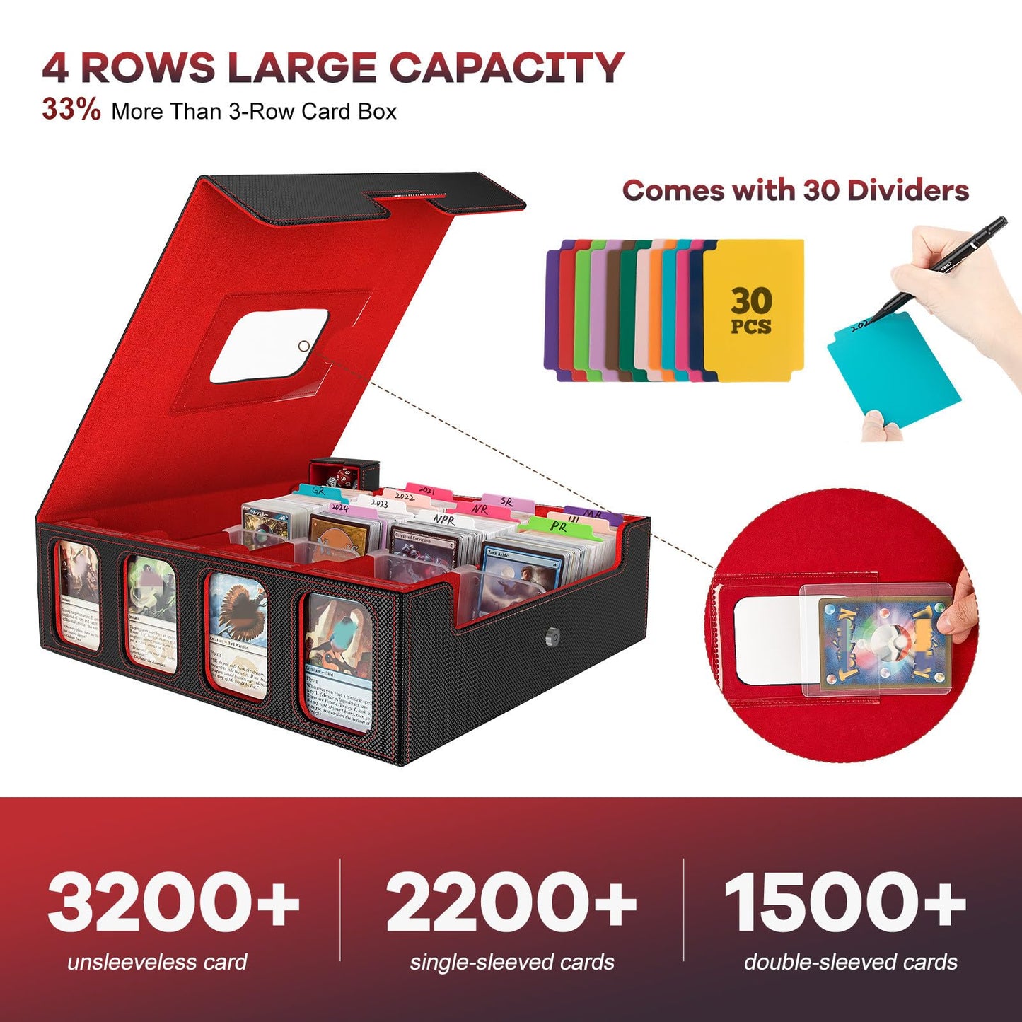 Gomyrod Card Storage Box 3200+ Mtg Deck Box With 30 Colorful Divider, Commander Trading Card Cases With Portable Handle & Viewin