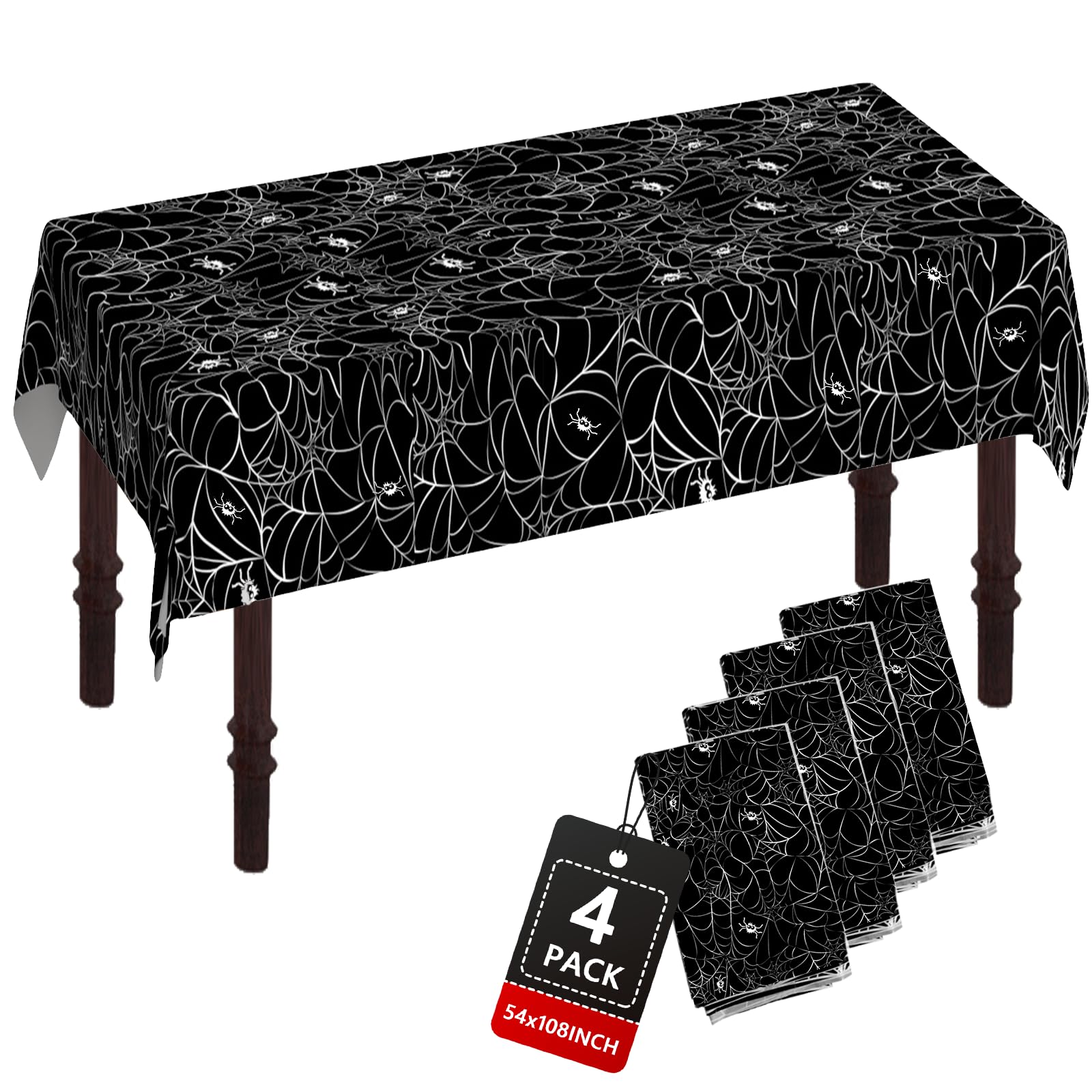 ATFUNSHOP Halloween Tablecloth Plastic 4PACKS 54 X 108 Rectangular Black Spider Web Disposable Table Cover Waterproof Spillproof