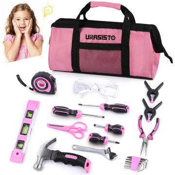 URASISTO 22-Piece Kids Tool Set with Tool Storage Bag, Pink Junior Real Hand Tool Kit for Boys & Girls, Children Learning Tools