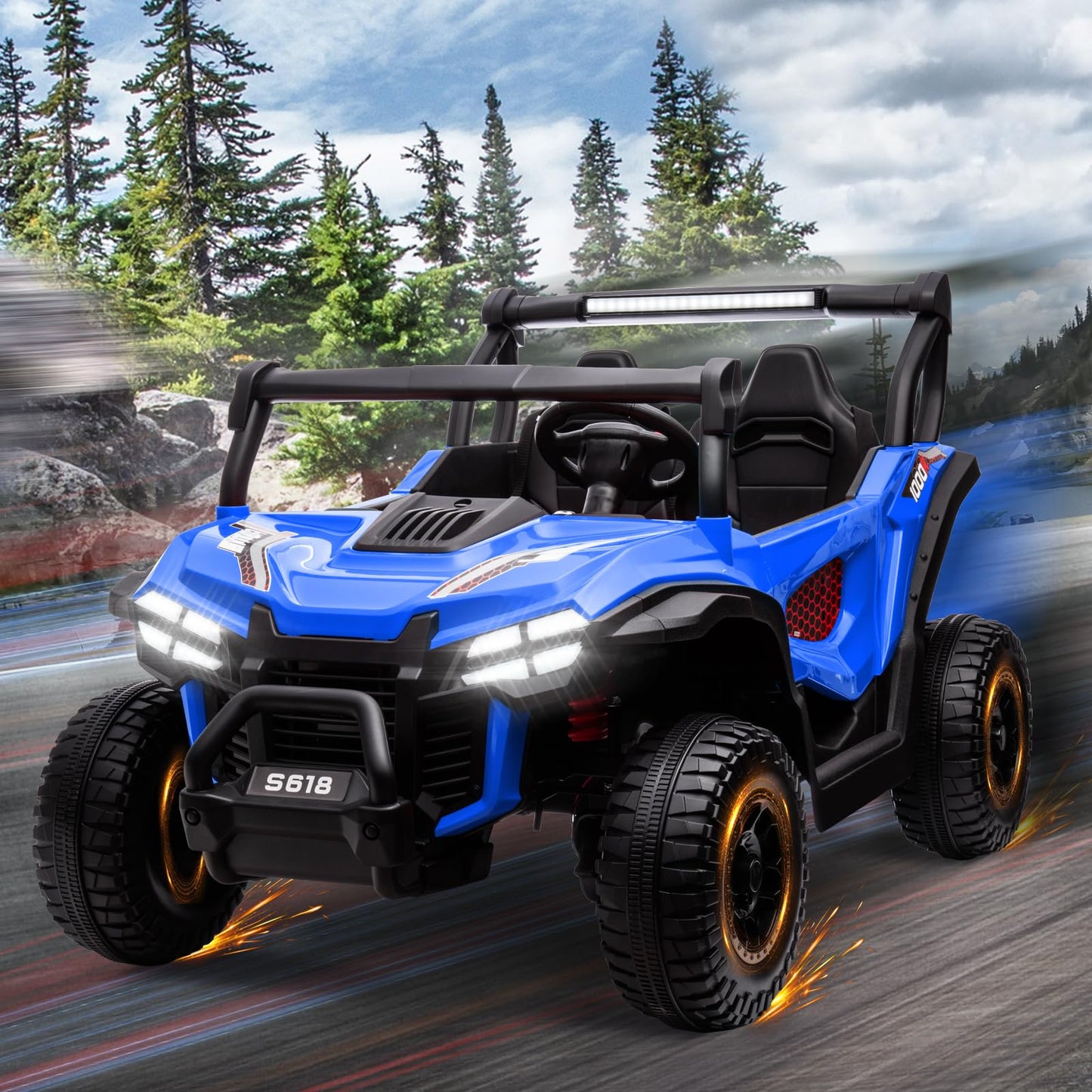 MOLACHI 24V 2 Seater Kids Ride on UTV Car 4WD Battery Powered Electric Vehicle for Kid Ride On Truck with Remote Control Safety Belts 3 Speeds (Blue)