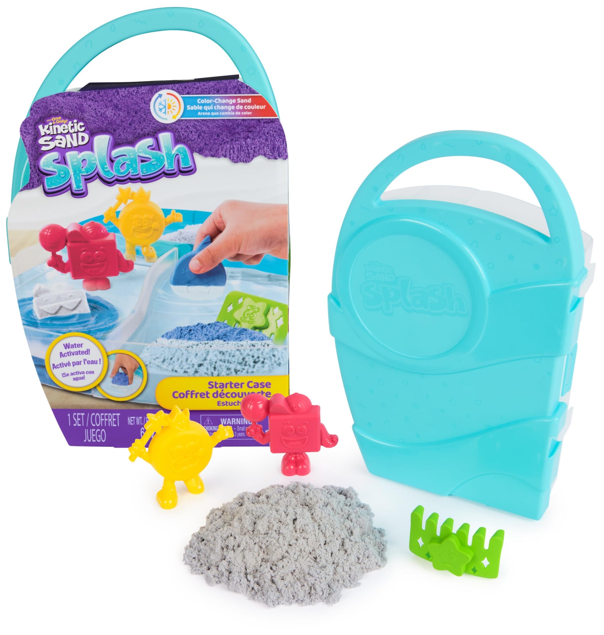 Kinetic Sand, Splash Starter Case with 6oz ColorChange Play Sand, 3 Tools & Molds, Reusable Storage, Sensory Toys for Kids Ages
