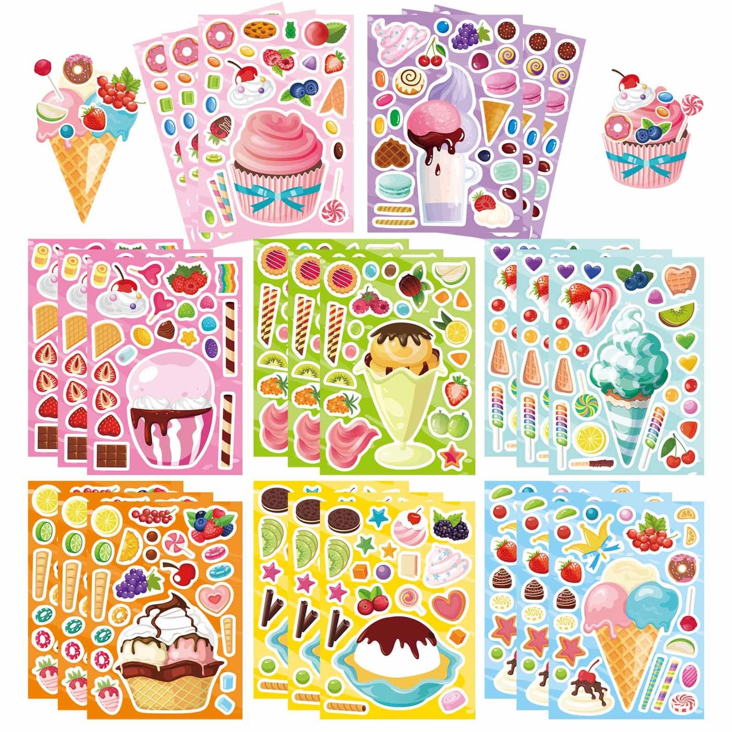 24 Sheets Make-A-Face Stickers, Make Your Own Ice Cream Mix And Match Sticker Sheets Diy Summer Ice Cream Stickers For Kids Part