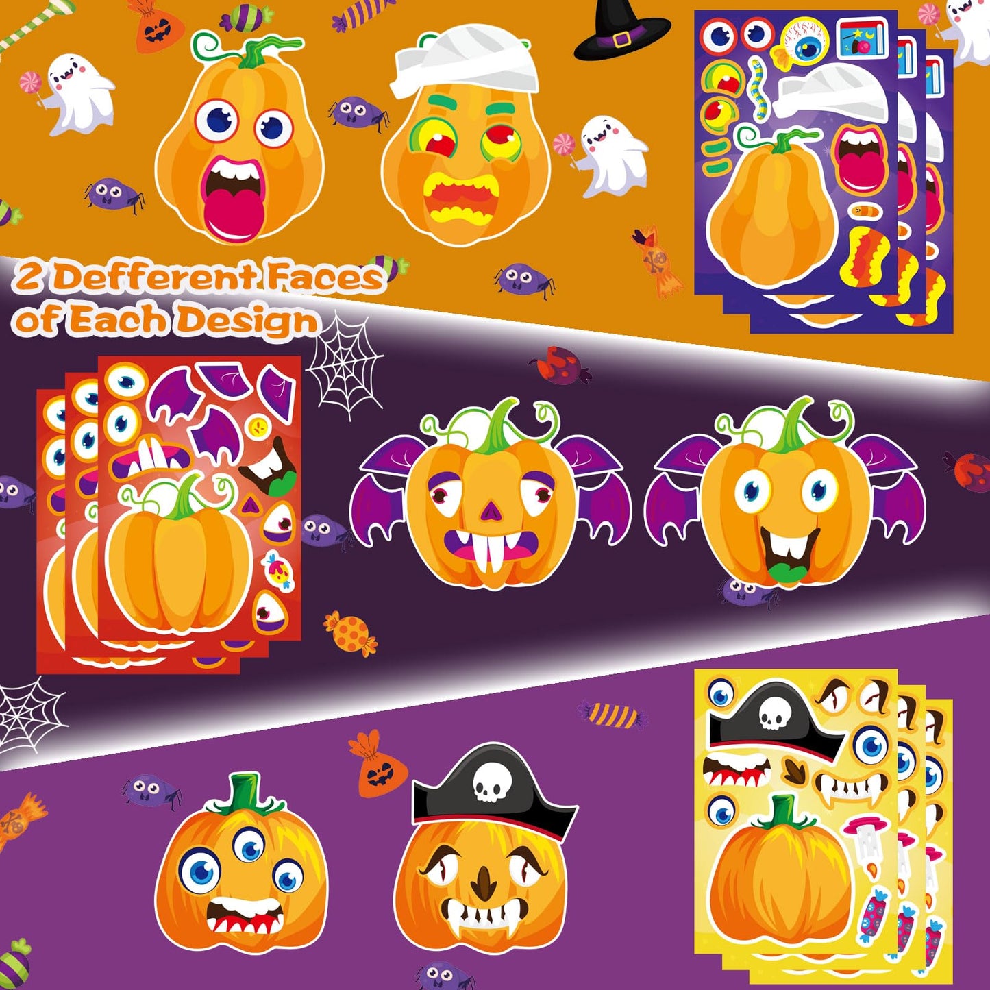 32 Sheets Halloween Pumpkin Stickers, Halloween Make A Face Stickers For Kids, 16 Different Pumpkin Designs, Make Your Own Hallo