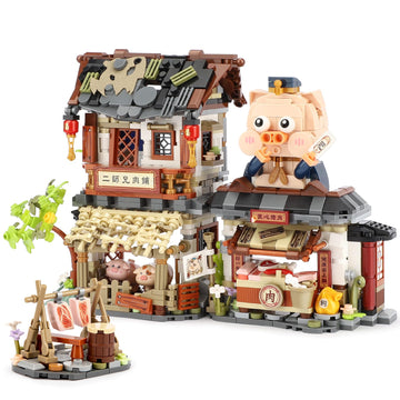 Chinese Street View Butcher Shop Mini Building Blocks, Moc Creative Building Toys Model Set For Girls 6-12 Years Old, 1105 Pcs S