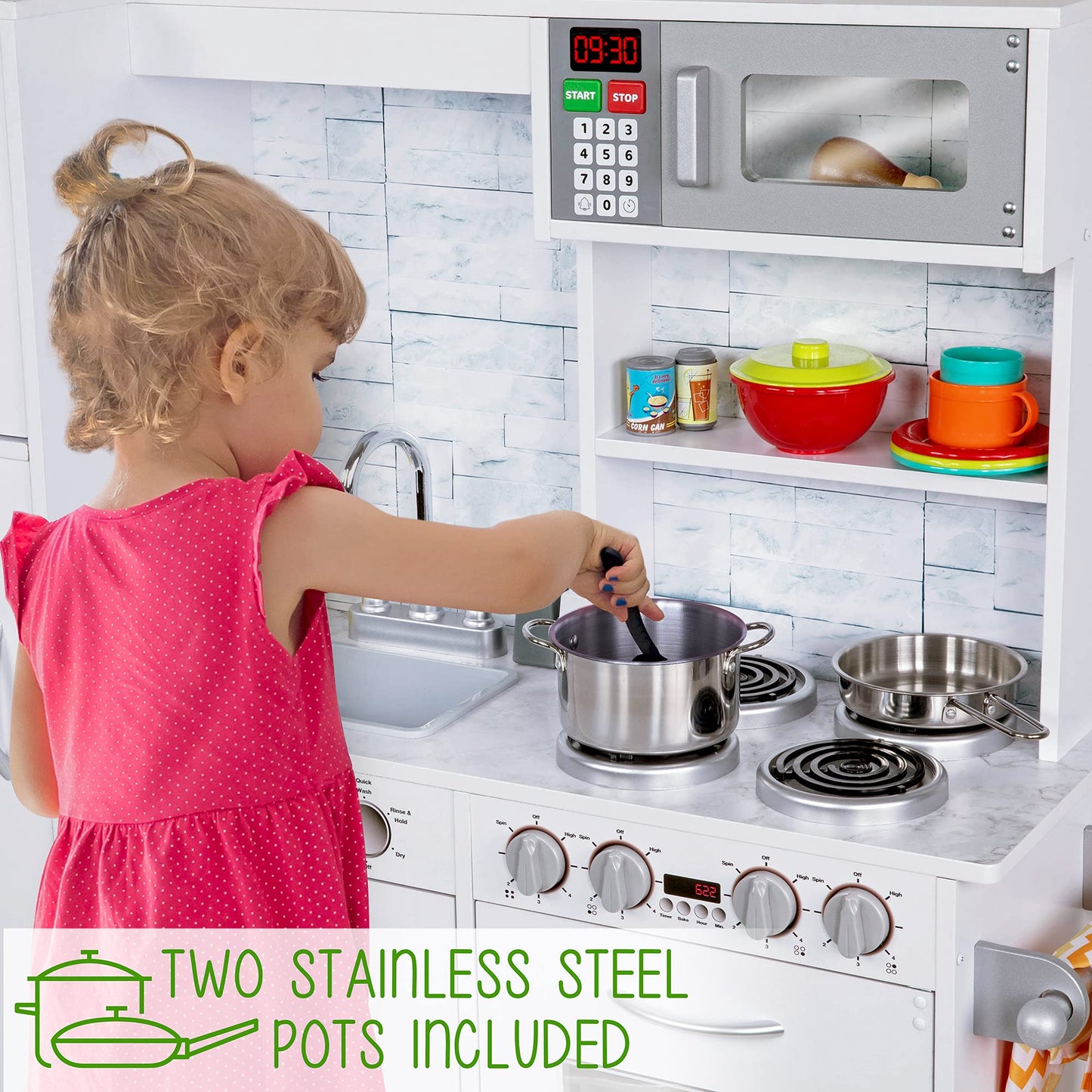 Lil' Jumbl Kids Kitchen Set, Pretend Wooden Play Kitchen, Battery Operated Icemaker & Microwave with Realistic Sound, Pots & Pan