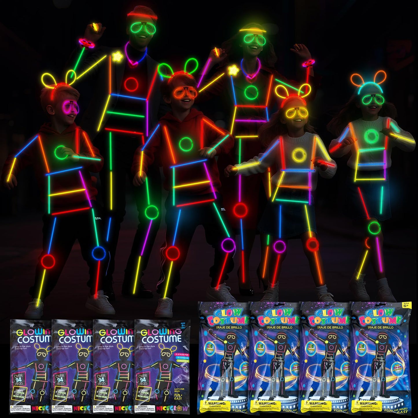 Lewtemi 8 Set Halloween Glow Stick Figure Costume, 920 Pcs Light up Stick Figure Costume, Glow in the Dark Outfits, Eyeglasses, 