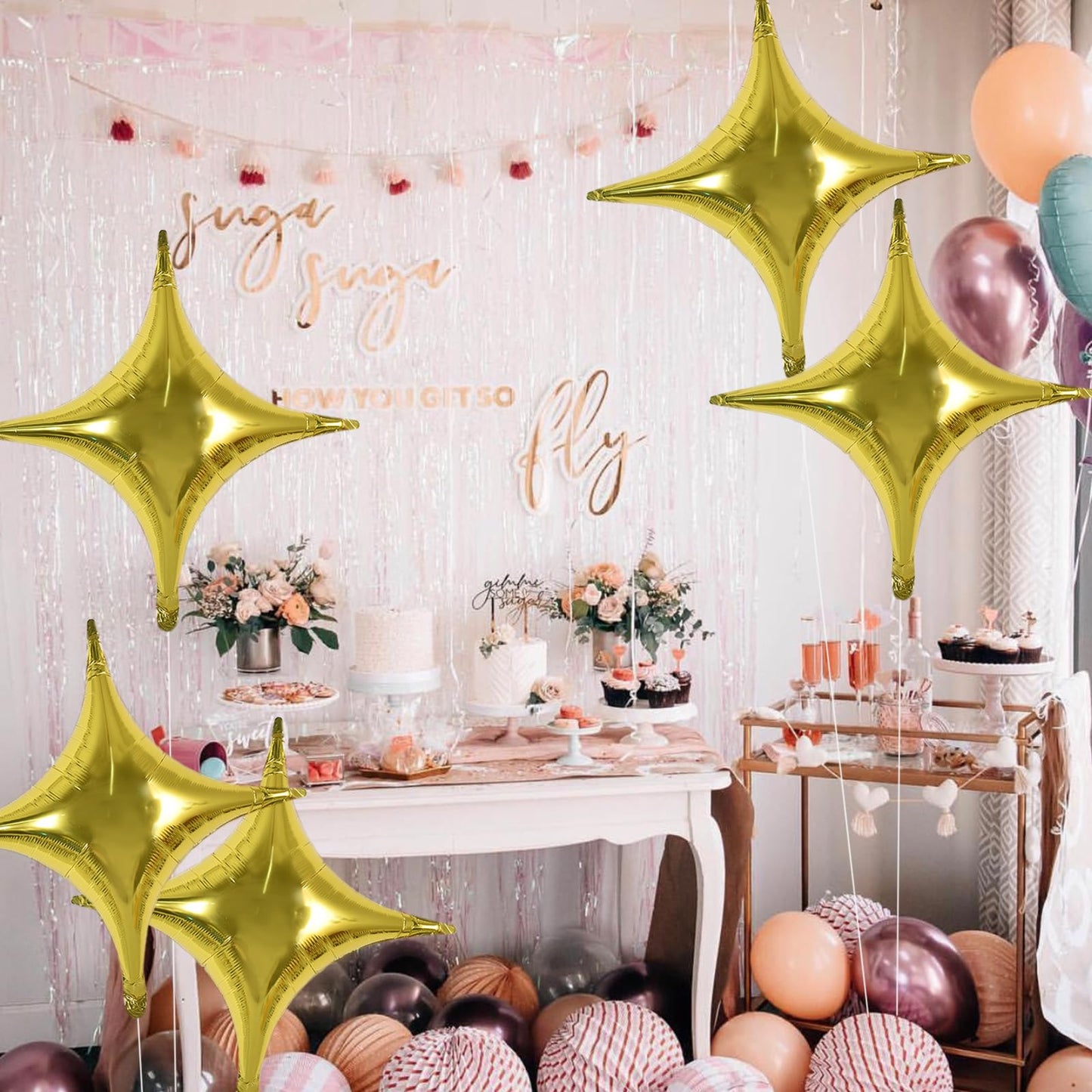 TONIFUL 20Pcs 26Inch Star Balloons Large Gold Four Pointed Star Shape Foil Balloons Big Gold Star Mylar Balloons for Birthday We