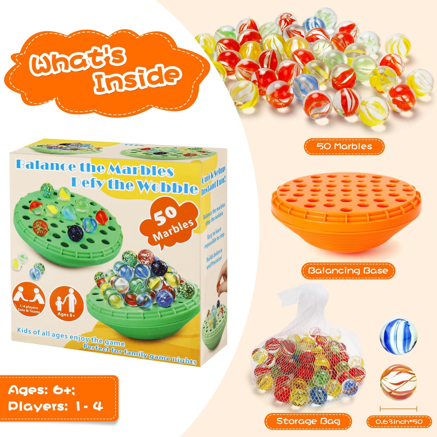 Marble Balance Game - 50 Colorful Marbles with Built-in Storage, Fun Family Challenge for 1-4 Players, Educational Toy for Kids
