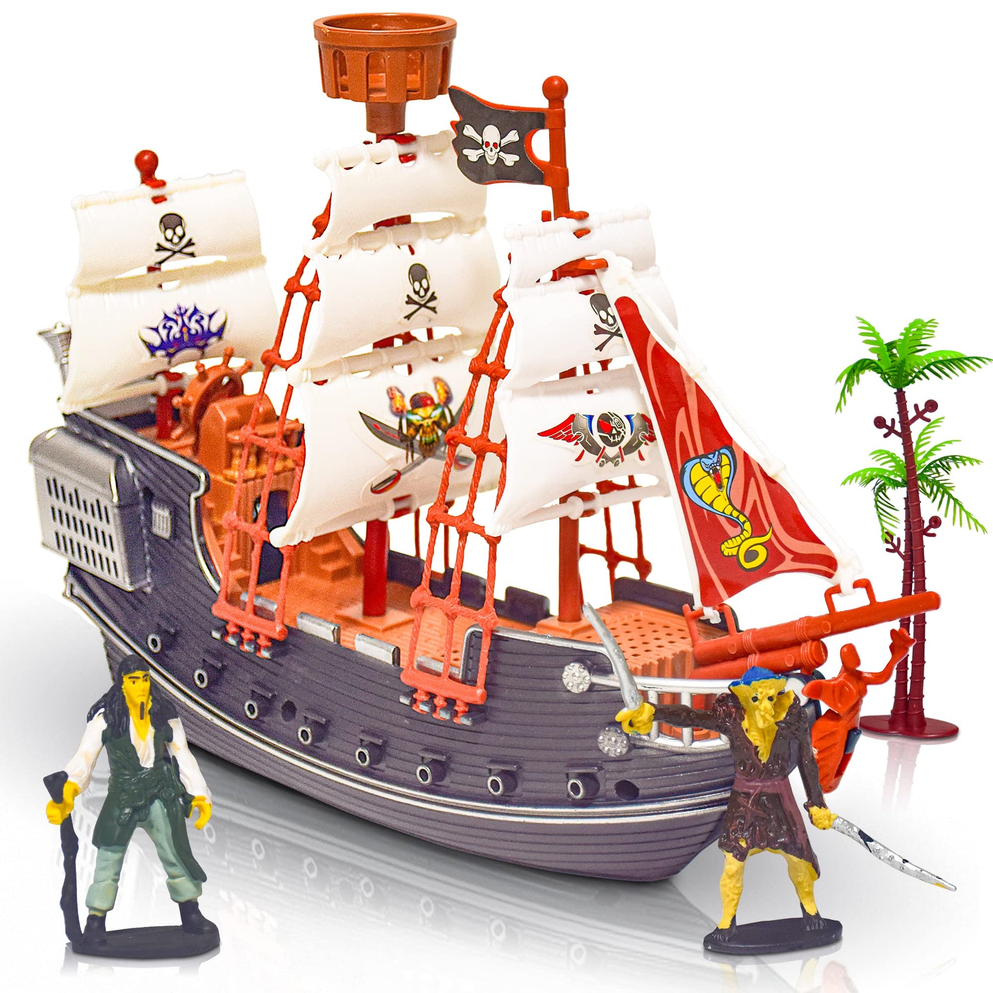 Artcreativity 10 Inch Pirate Boat, Detailed Pirate Ship Toy Playset With 2 Pirate Action Figures & Tree, Fun Pirate Party Favor And Prize, Best Gift For Boys & Girls Ages 3+