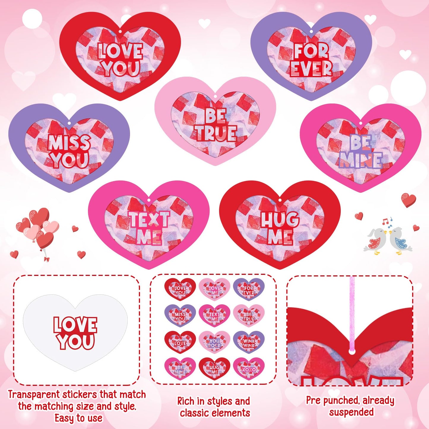 Realspring 24 Sets Valentines Day Crafts for Adults Conversation Suncatcher Crafts Kit Valentines Heart Cutout DIY Tissue Paper
