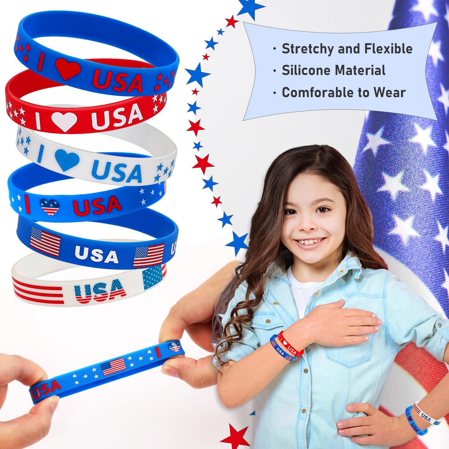 Junebrushs 24Pcs 4Th Of July Party Favors Silicone Bracelets Usa American Flag Red White And Blue Rubber Wristbands For Patrioti