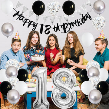 18Th Birthday Decorations For Boys Girls, Black Happy 18Th Birthday Banner With Black Silver White 18Th Birthday Balloons Cake T