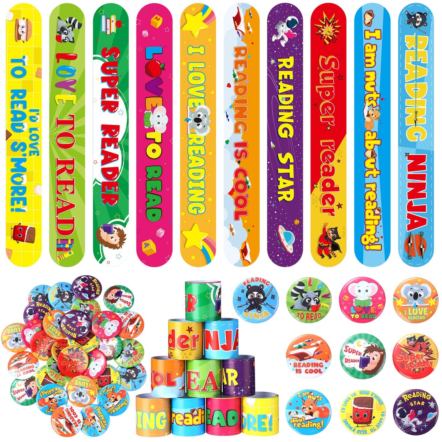 Frienda 60 Pcs Love to Read Slap Bracelets with Button Pins Reading Bracelets Badges for Classroom Teacher Rewards Prize Sunday 