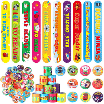 Frienda 60 Pcs Love to Read Slap Bracelets with Button Pins Reading Bracelets Badges for Classroom Teacher Rewards Prize Sunday 