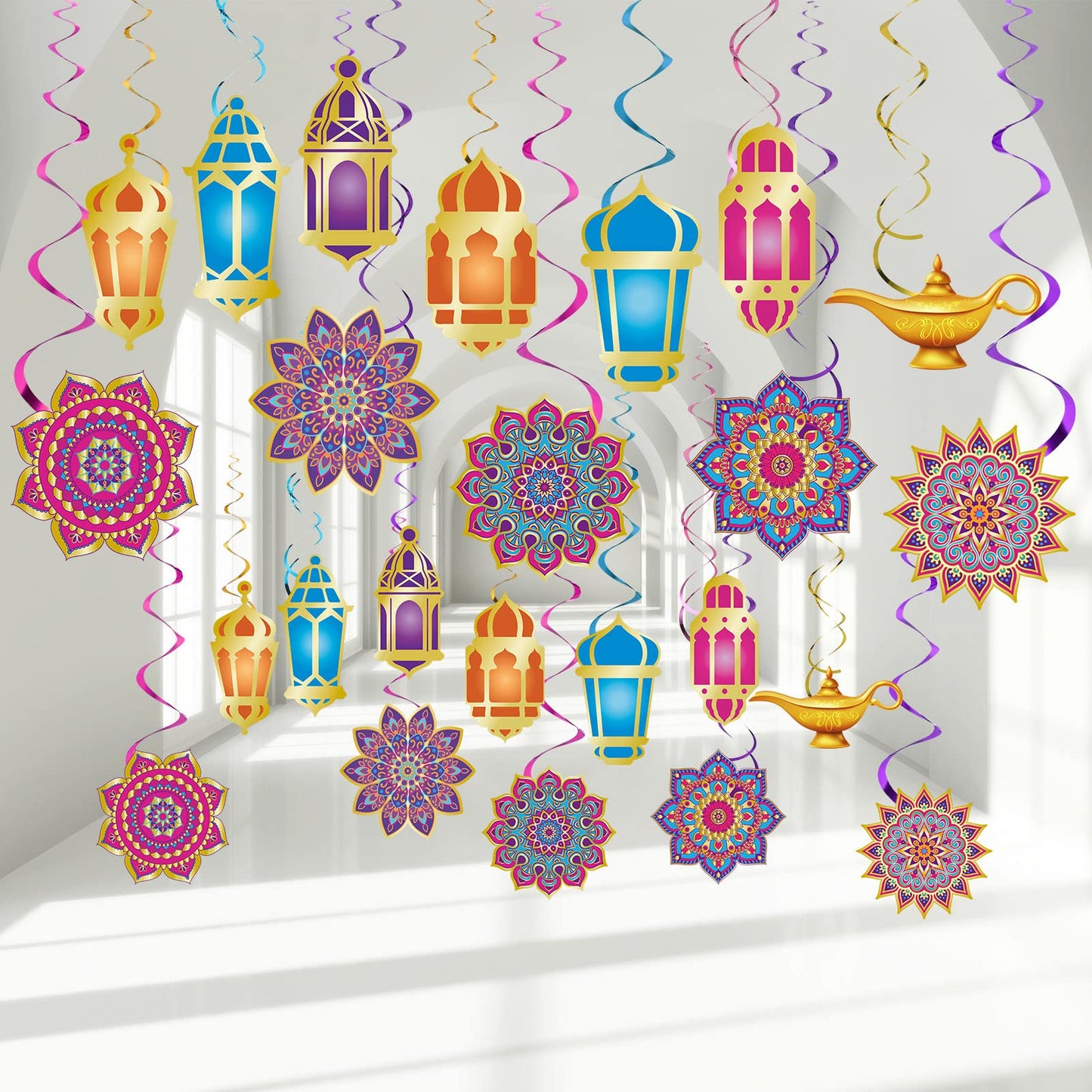 Zonon 52 Pcs Ramadan Mubarak Decorations Arabian Nights Party Decoration Eid Mubarak Hanging Swirls Ceiling Foil Party Decor for