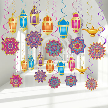 Zonon 52 Pcs Ramadan Mubarak Decorations Arabian Nights Party Decoration Eid Mubarak Hanging Swirls Ceiling Foil Party Decor for