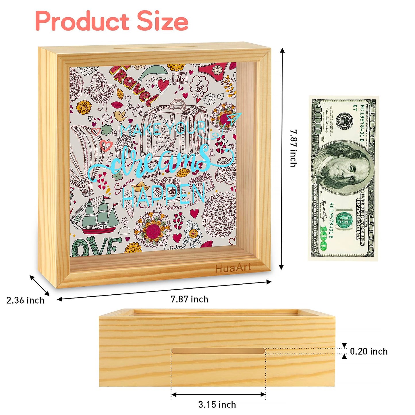 Piggy Banks For Adults,Bigger Wooden Safe Money Savings Bank Box For Kids, Coin Bank Money Bank,Natural Wood Money Box, Printed On The Plexiglass Front-Make Your Dreams Happen, Sized (8X8X2.4 Inch)