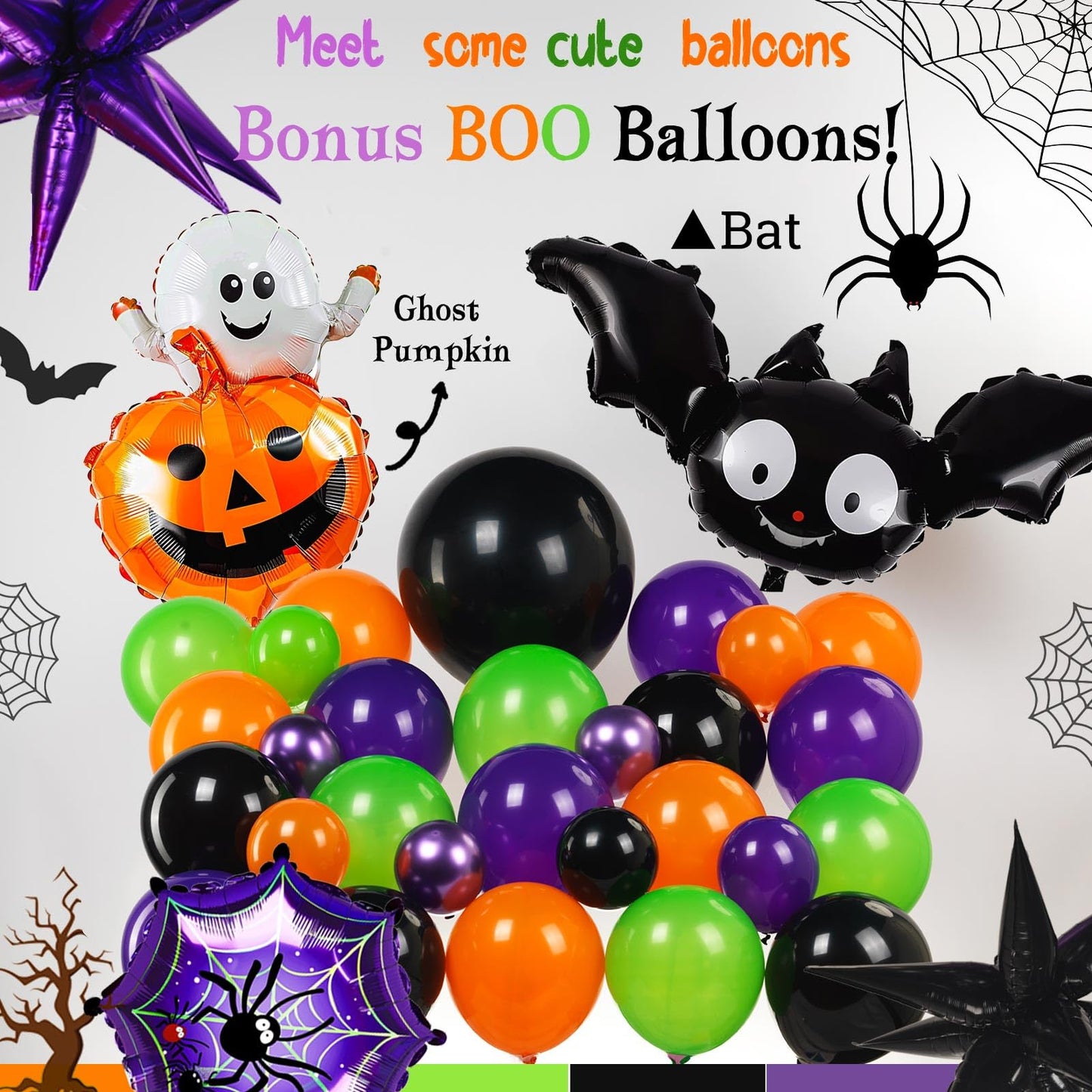 Halloween Balloon Garland Arch Kit, 133pcs Orange and Black with Spider Web Bat Ghost Pumpkin Eyes, Long Balloons for Halloween