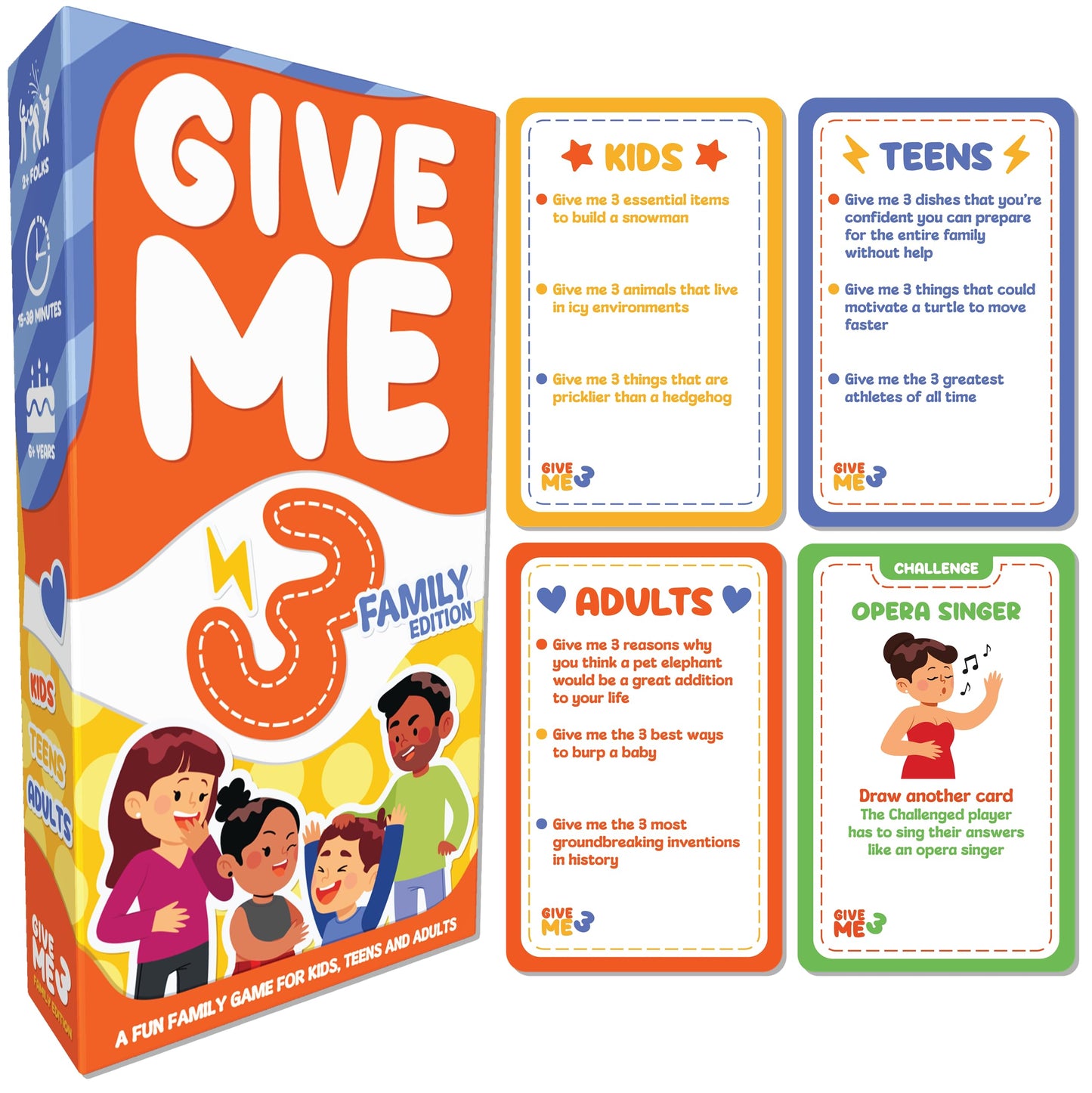 SAVANA GIVE ME 3 Family Edition - Award Winning Fast Paced and Hilarious Party Game | 10 Second Rule Card Game for Kids  Teens and mature-themeds | Easy to Learn  15-Minute Round | 2+ Players - Age 6+