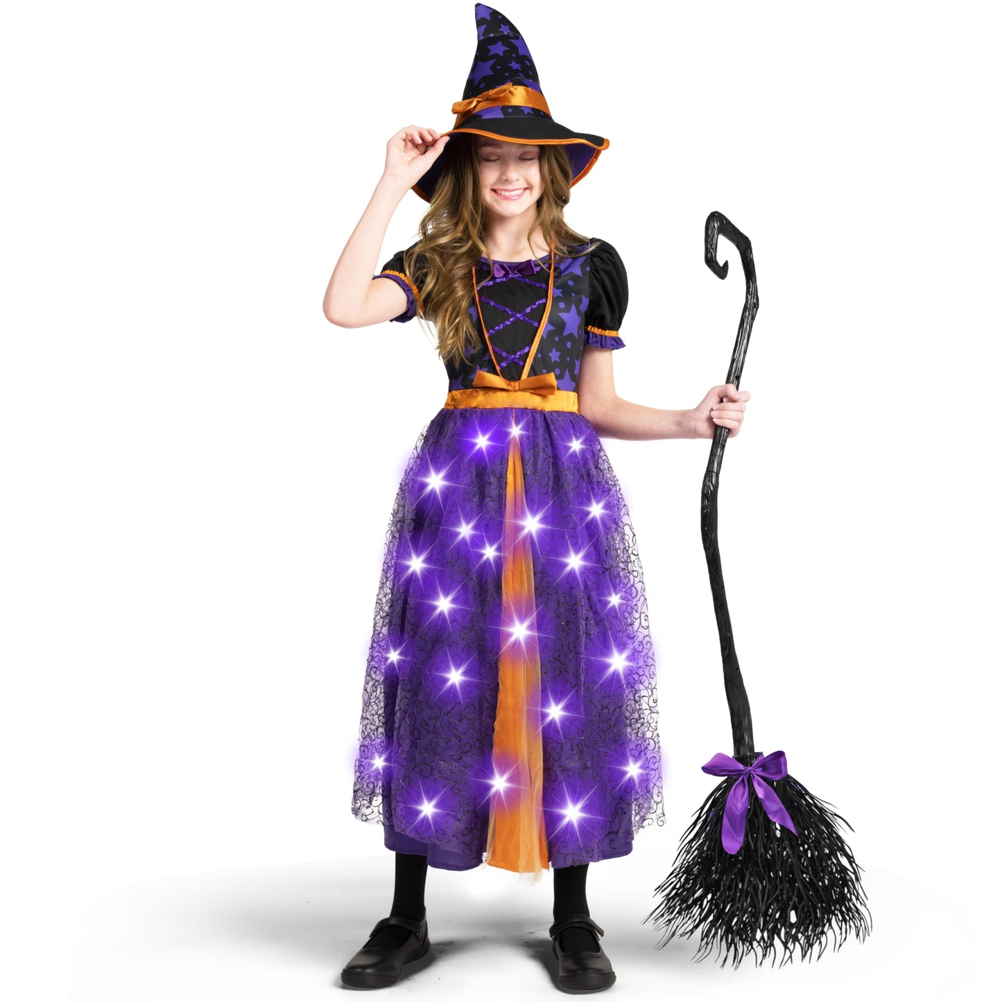 Spooktacular Creations Light Up Purple Witch Costume With Broom For Toddler Girls, Fairy Tale Witch Halloween Costume Dress Up (Small (5-7 Yr))
