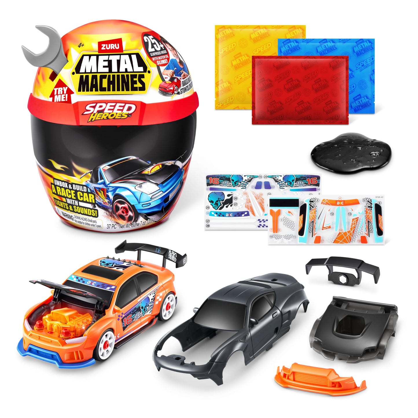 Metal Machines Speed Heroes Car Kit - Build Your Own, 20+ Surprises, Silver, Model 67125, Lights & Sounds, Plastic