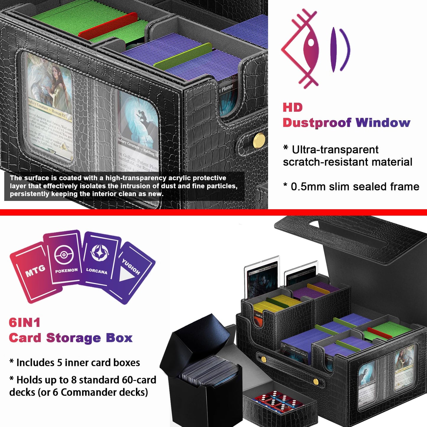 Clutch Texture Commander Deck Box for MTG  6-Deck Modular Card Case with Dice Tray  Holds 600+ Double-Sleeved Cards and 35PT Magnetic Card Holders  for Trading Cards & TCG Collections(Onyx Black)