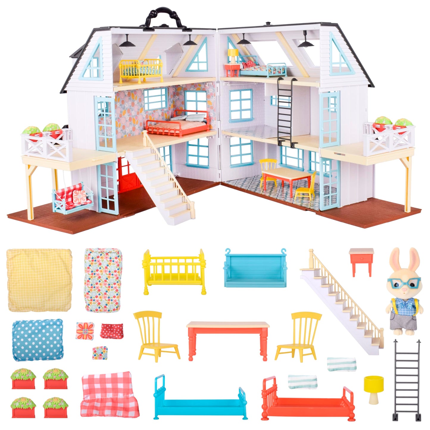 Honey Bee Acres Buzzby Farmhouse, Dollhouse Playset With Miniature Doll Figure, Furniture And Accessories. 25 Pieces, Ages 3+