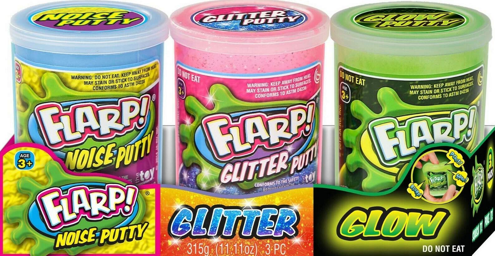 Ja-Ru Flarp Noise Putty 3 Set Tray Variety Pack (1 Pack) Glow In The Dark Putty, Glitter Putty & Original Noise Putty Slime, All