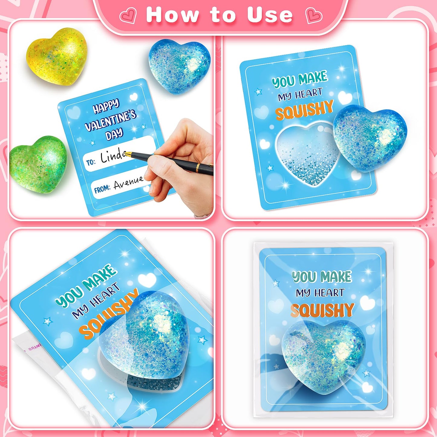 Valentines Day Gifts Cards For Kids, 24 Pack Heart Stress Balls With Greeting Cards, Stretchy Toy Balls Bulk Gift For Kids Class