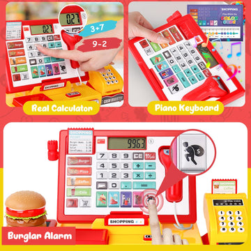 maysida Cash Register Toy for Kids, Pretend Play Store with Fast Food Burger/Scanner/Credit Card/Play Money/Microphone Birthday