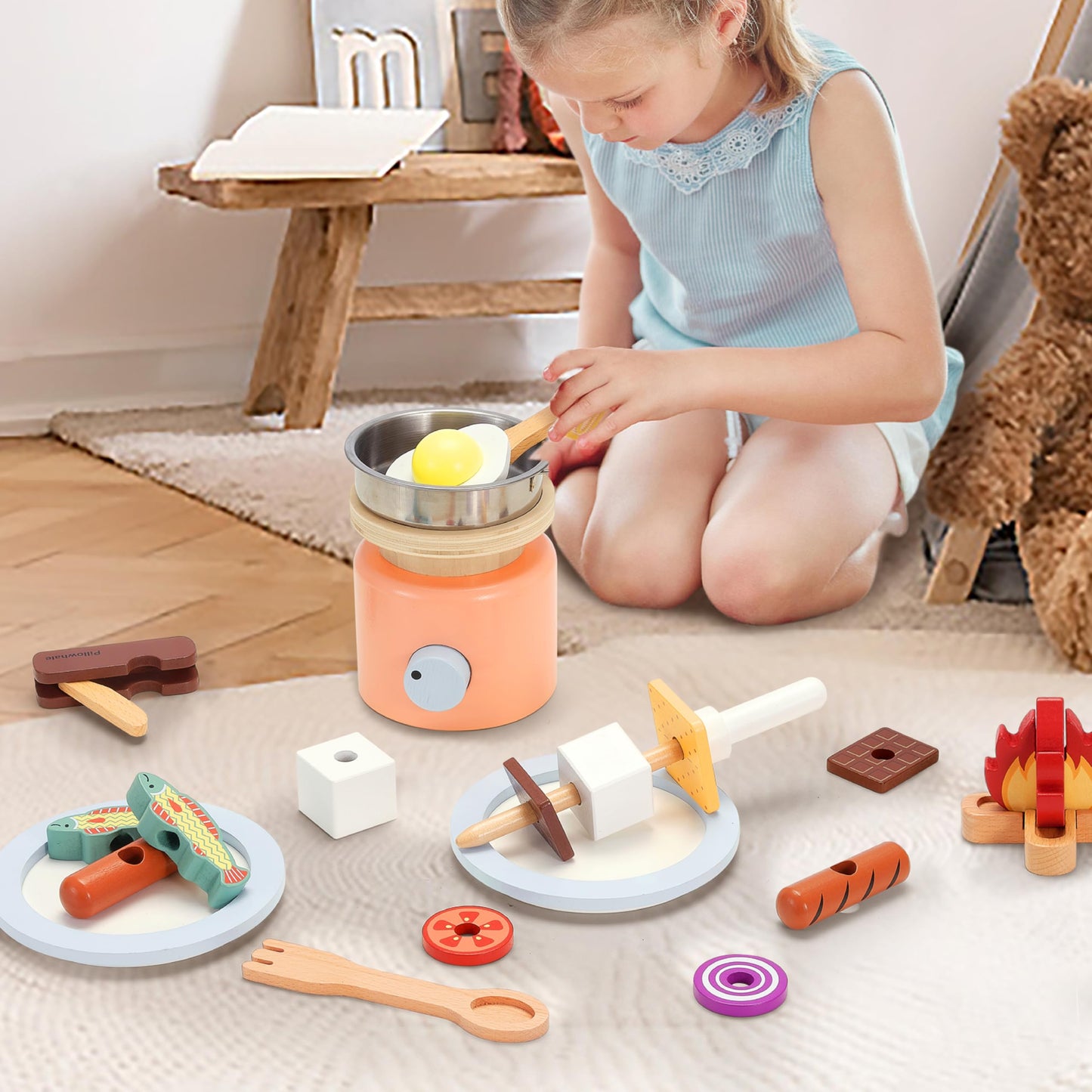 Pillowhale Wooden Campfire Playset - 25-Piece Kids SMores & Grill Pretend Camping Kitchen Toy, Glow-Look Fire, Skewers, Pan & Fo